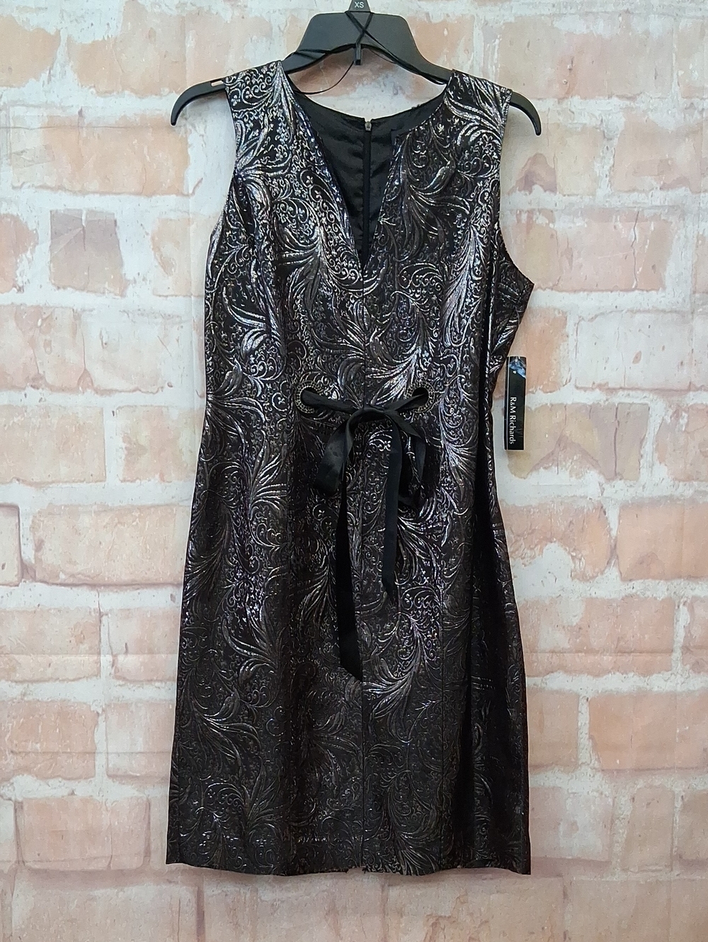 NWT R&M Richards Black Metallic Paisley Midi Sheath Dress with Waist Tie